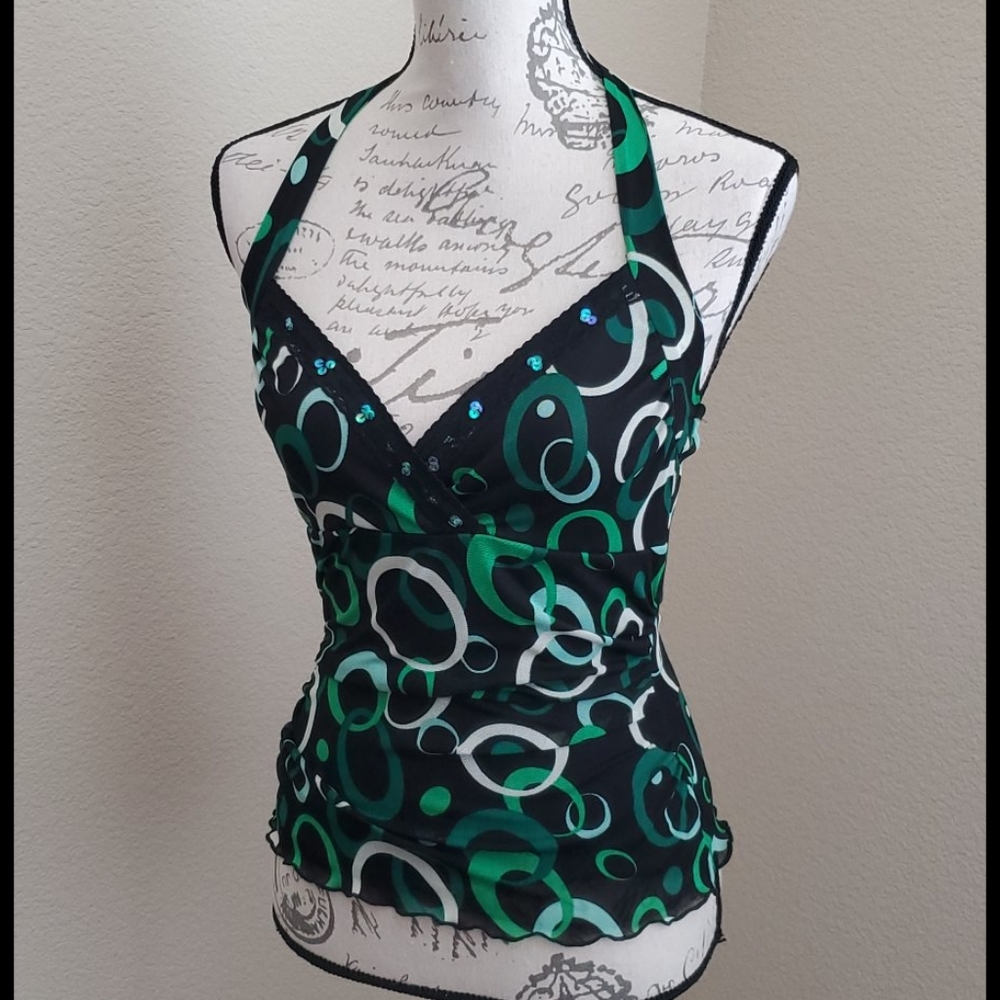 Green Black squein halter top Small